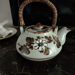 Vintage Otagiri Ceramic Teapot Hand Painted Rattan Handle Japan Floral
